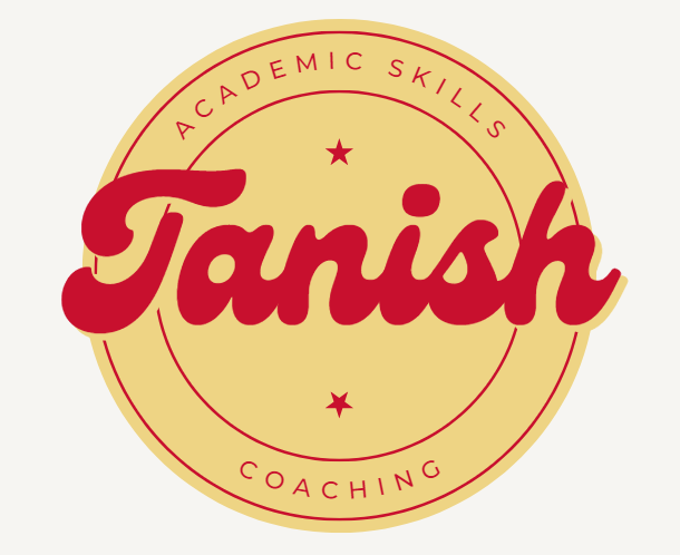 "Tanish" written in red script over a yellow circle with the words "Academic Skills Coaching"