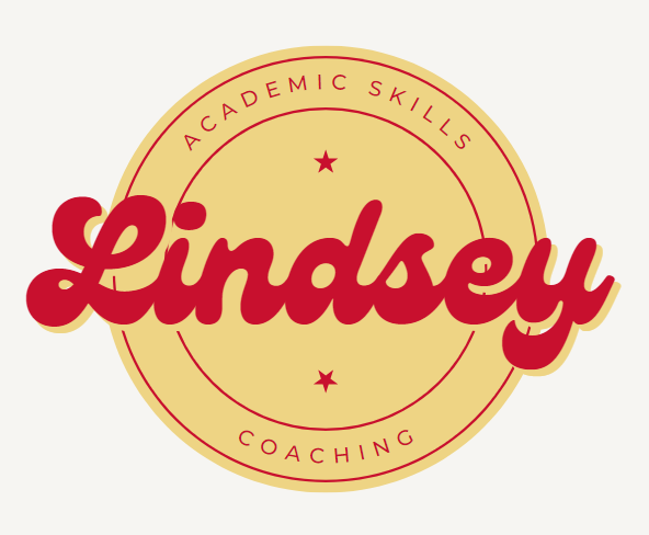 "Lindsey" written in red script over a yellow circle with the words "Academic Skills Coaching"