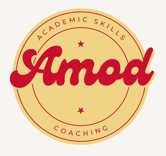 "Amod" written in red script over a yellow circle with the words "Academic Skills Coaching"