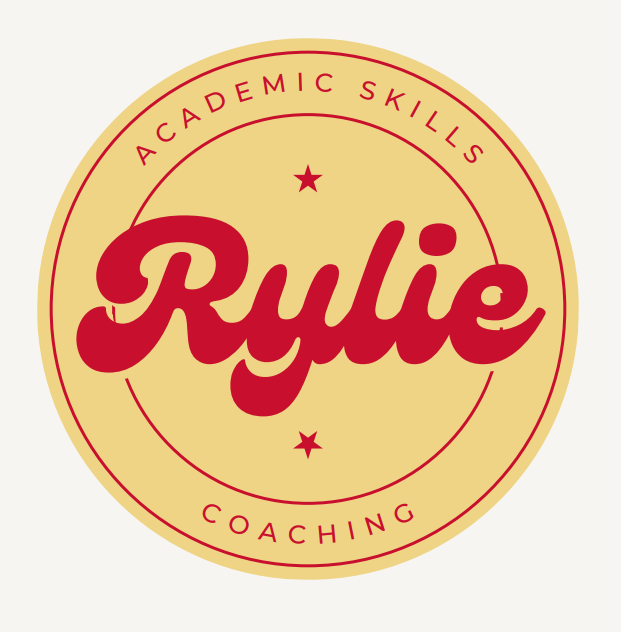 "Rylie" written in red script over a yellow circle with the words "Academic Skills Coaching"