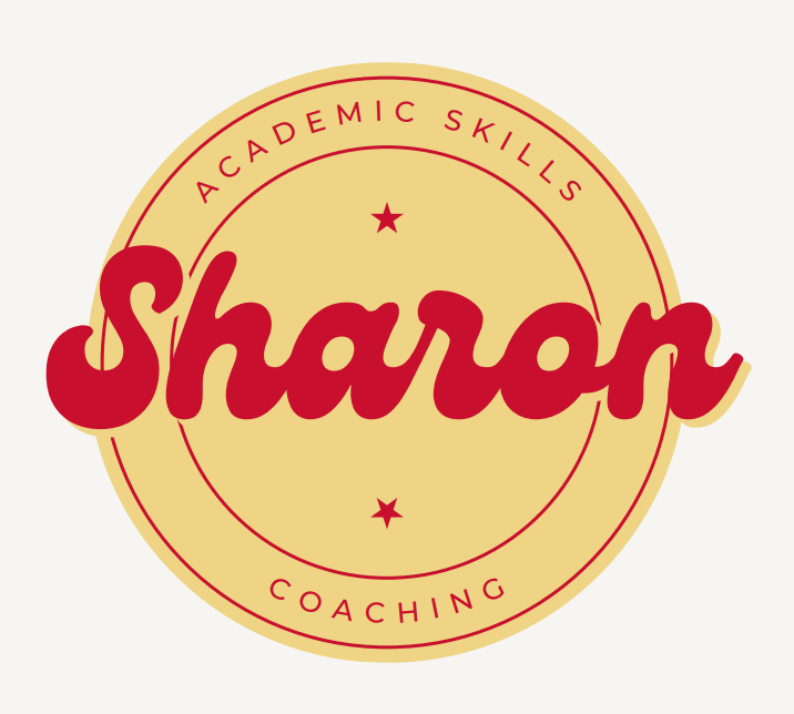 "Sharon" written in red script over a yellow circle with the words "Academic Skills Coaching"