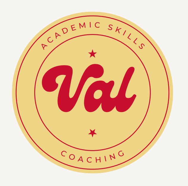 "Val" written in red script over a yellow circle with the words "Academic Skills Coaching"