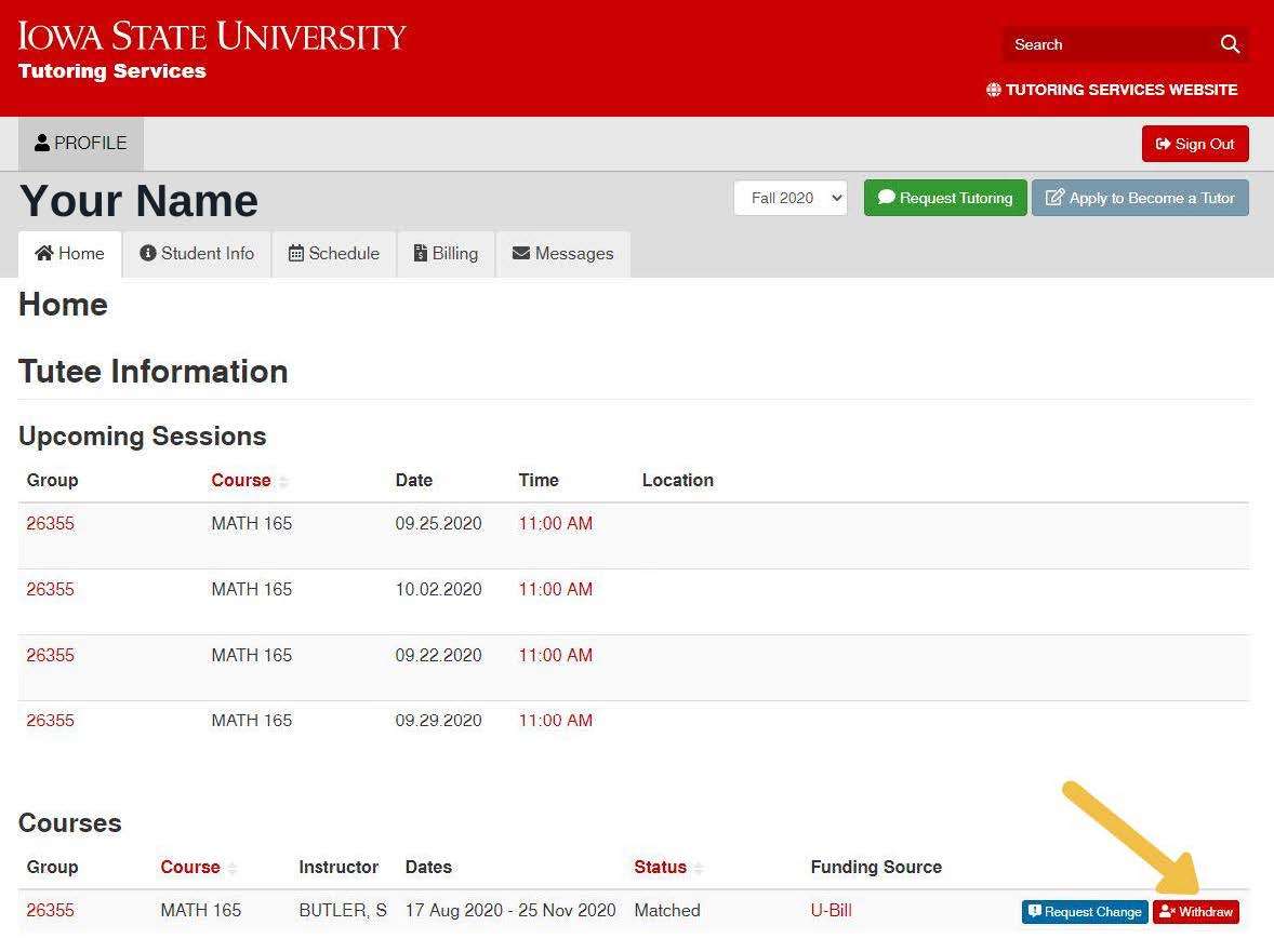 A picture showing the tutoring profile interface, with a red "withdraw" button near the course that was previously requested